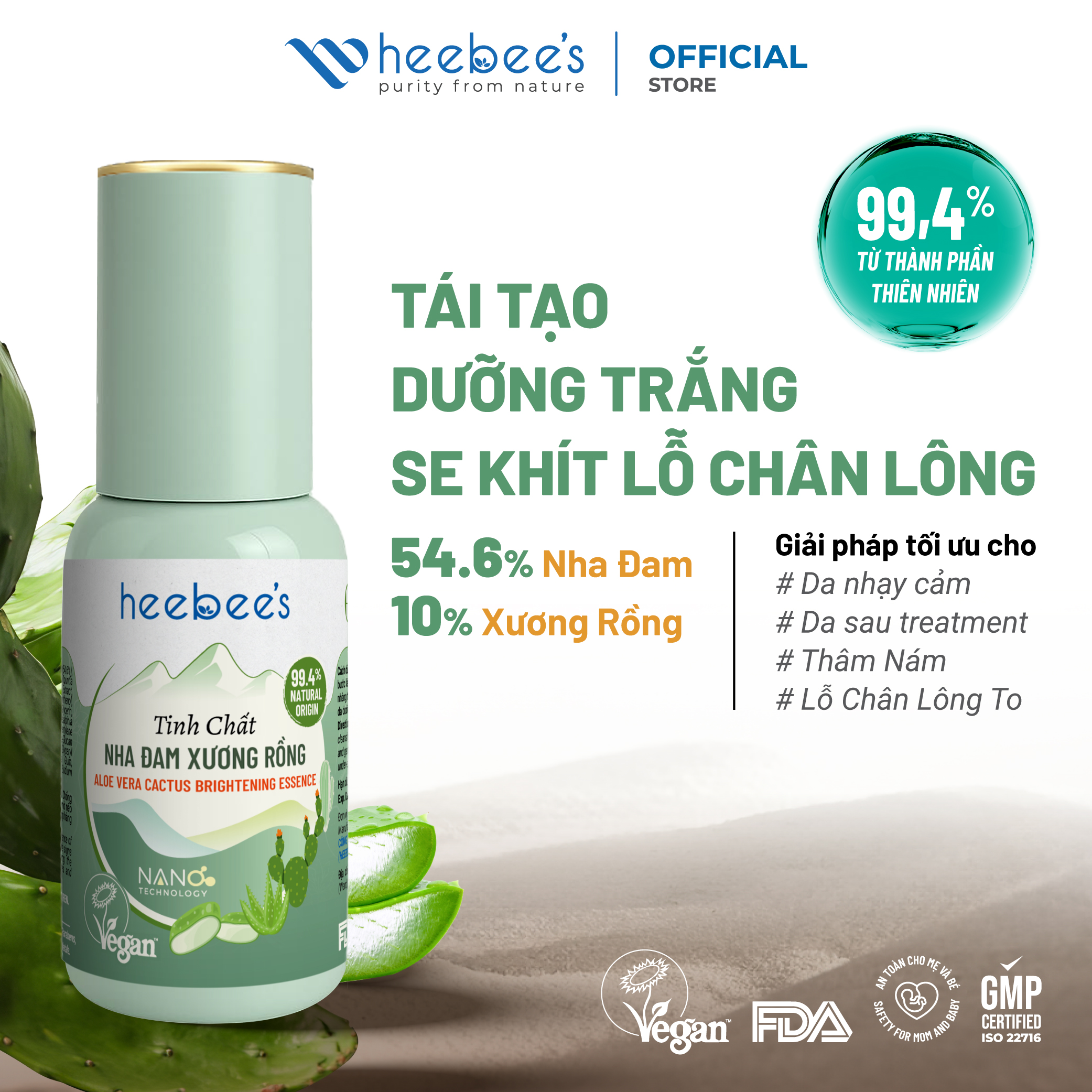 Tinh Chất Serum Thuần Chay Nha Đam Xương Rồng Heebee’s Aloe Vera Cactus Brightening Serum Dưỡng Trắng, Cấp Ẩm, Trị Mụn, Se Khít Lỗ Chân Lông, Ngừa Lão Hóa 38ml