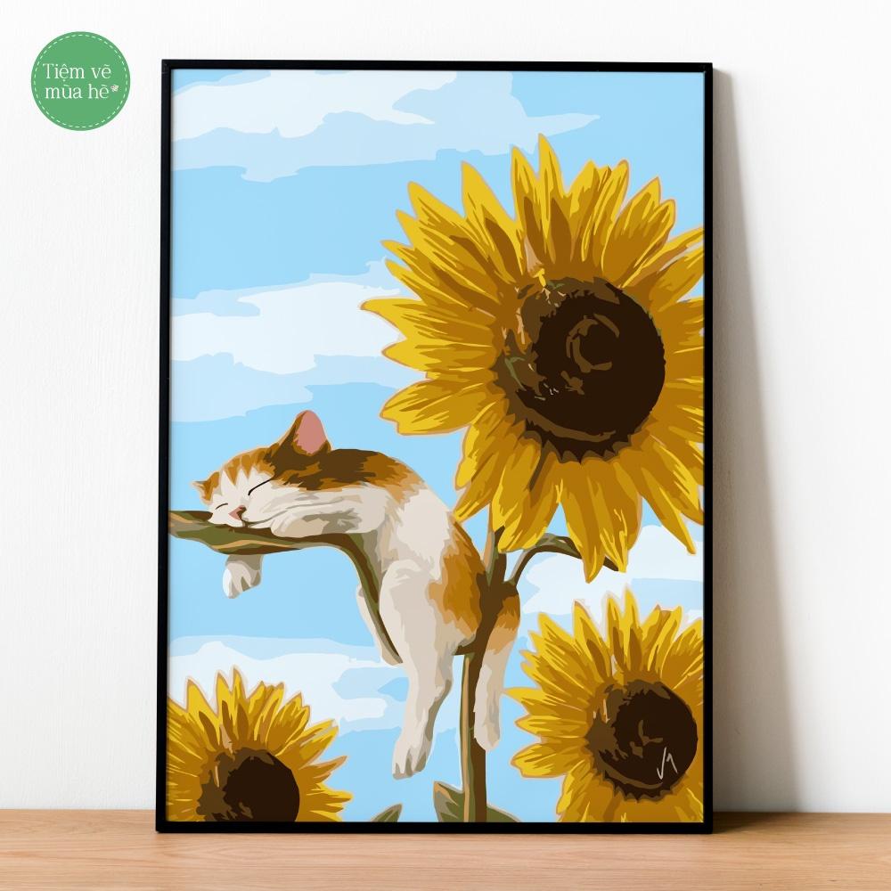 Tranh số hóa - Chú mèo hoa hướng dương đã căng khung 40x50cm 20 màu