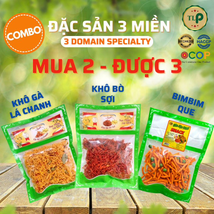 COMBO 3 GÓI ĐẶC SẢN 3 MIỀN (KHÔ GÀ, KHÔ BÒ, BIMBIM QUE) TÂN LỘC PHÁT