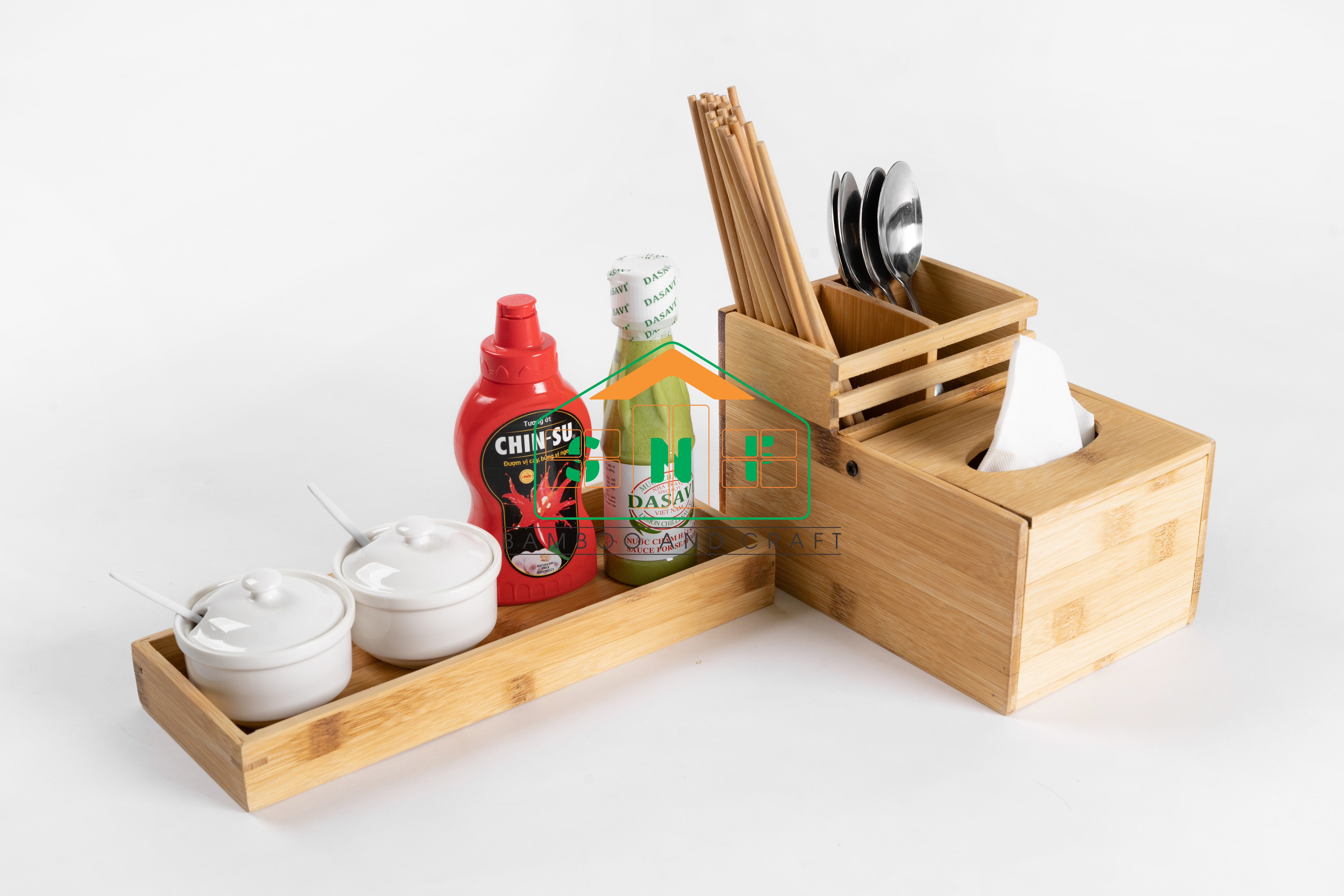 Khay Đa Năng Bằng Gỗ Tre Cao Cấp Đựng Đũa, Muỗng, Giấy Ăn, Gia Vị- SNF Bamboo and Craft