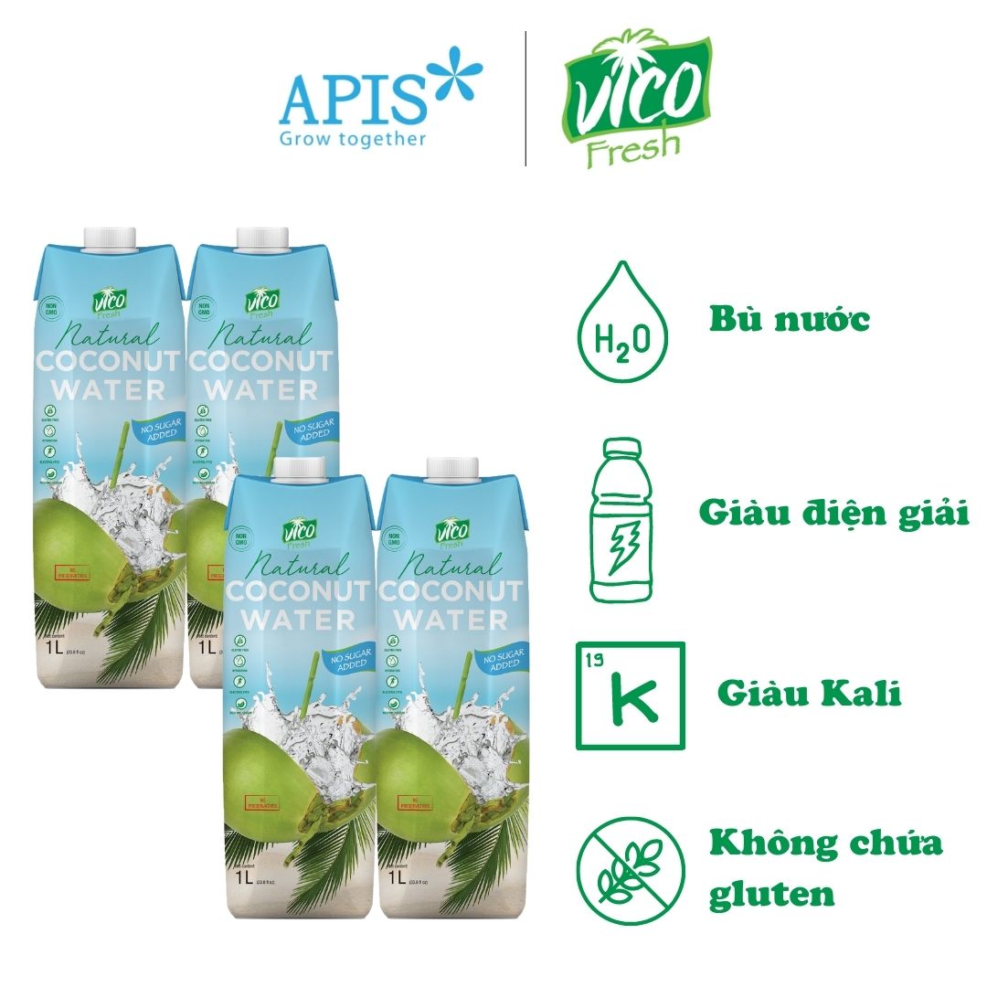 Nước Dừa ACP Vico Fresh Hương Vị Nguyên Chất - Combo 4 Hộp Nước Dừa 1L