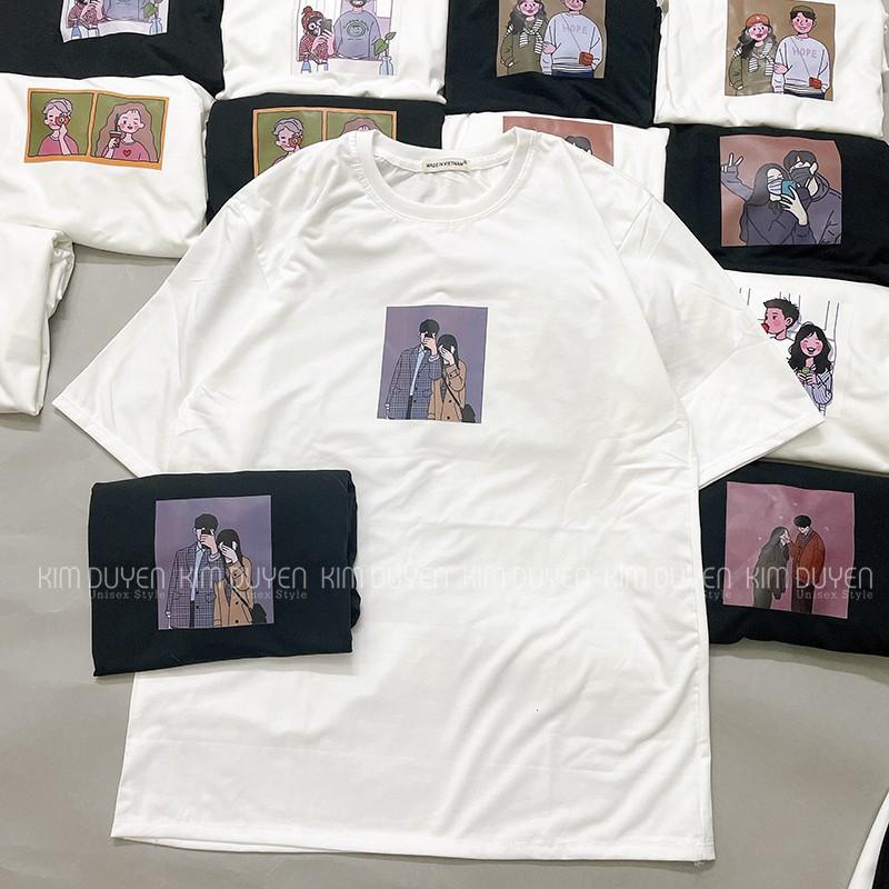 Áo Thun In Hình Couple Siêu Xinh - Áo thun tay lỡ form rộng Unisex 38-65kg Nam Nữ