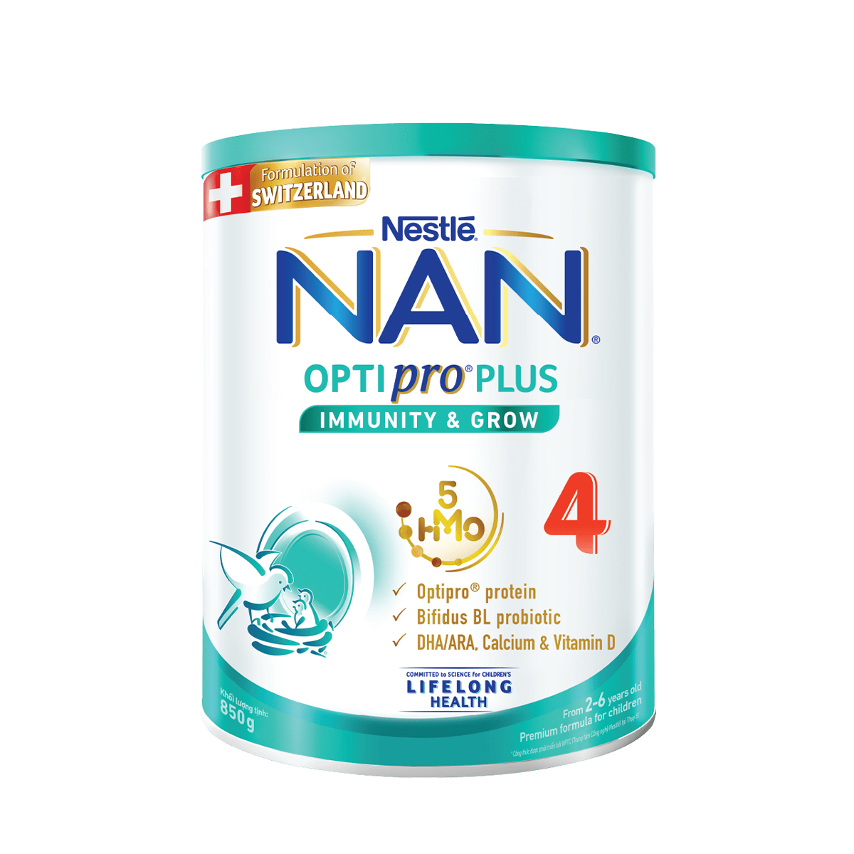 Sữa bột Nestlé NAN OPTIPRO PLUS 4 850g/lon với 5HMO Giúp tiêu hóa tốt + Tăng cường đề kháng