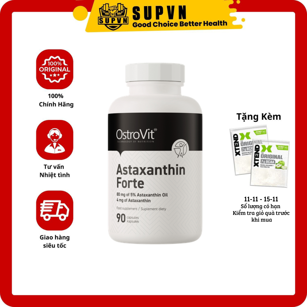 Astaxanthin Ostrovit viên uống tăng cường hệ miễn dịch, chống lão hóa, đẹp da, Hỗ trợ phát triển cơ bắp (90 viên)