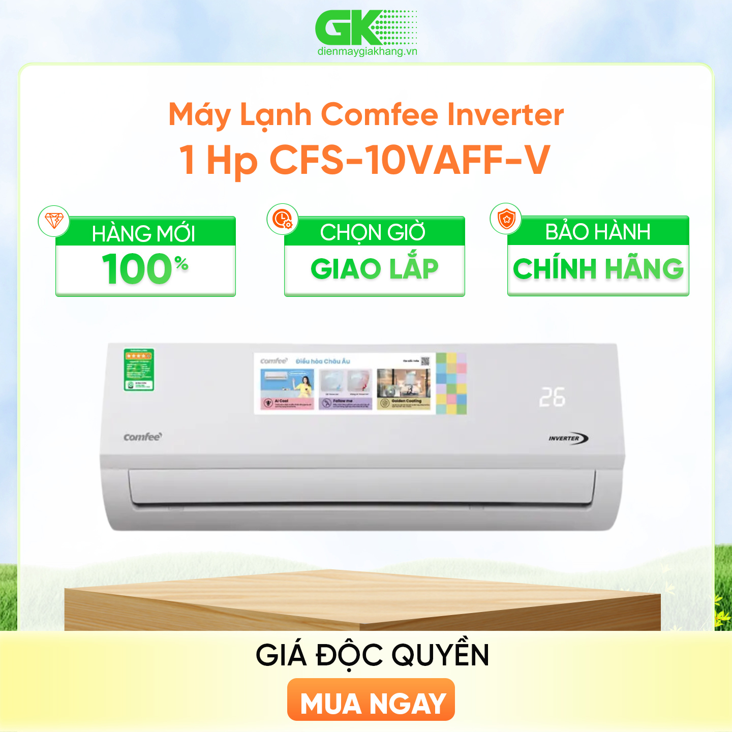 Máy Lạnh Comfee Inverter 1Hp (9.000 BTU) CFS-10VAFF-V - HÀNG CHÍNH HÃNG - Bảo hành 24 tháng - CHỈ GIAO HỒ CHÍ MINH - Kết nối Wifi, Điều khiển bằng giọng nói Smart App - Làm lạnh nhanh 6s - Chế độ tự làm sạch dàn lạnh, kháng khuẩn