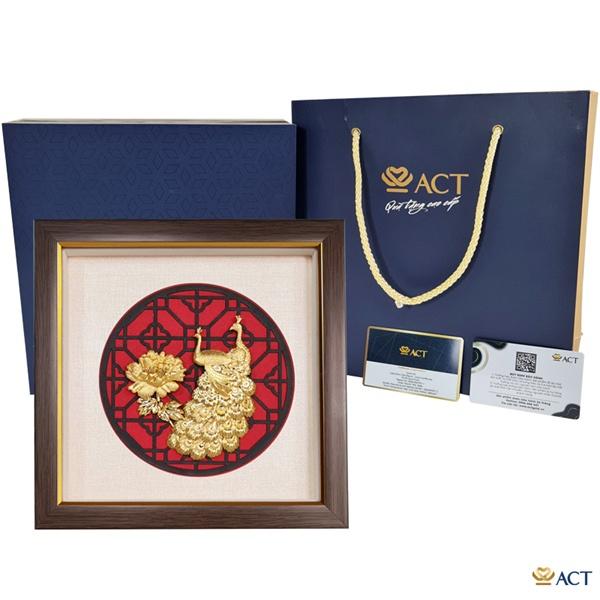 Tranh công và bông hoa mẫu đơn 24x24 cm dát vàng 24K mừng sinh nhật, tân gia