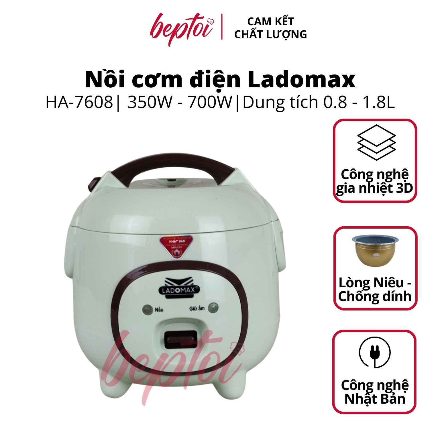 Nồi cơm điện nắp gài Ladomax, nồi cơm điện mini công suất 350W - 700W, dung tích 0.8L - 1.2L - 1.8L HA-76 Series Hàng chính hãng