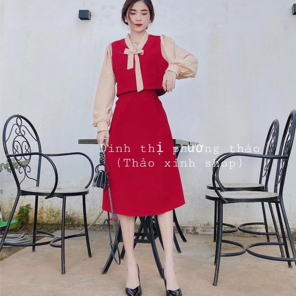 Set Chân Váy Đỏ Mix Áo Nơ Combo Áo Đỏ Phối Nơ Vàng Mix Chân Váy