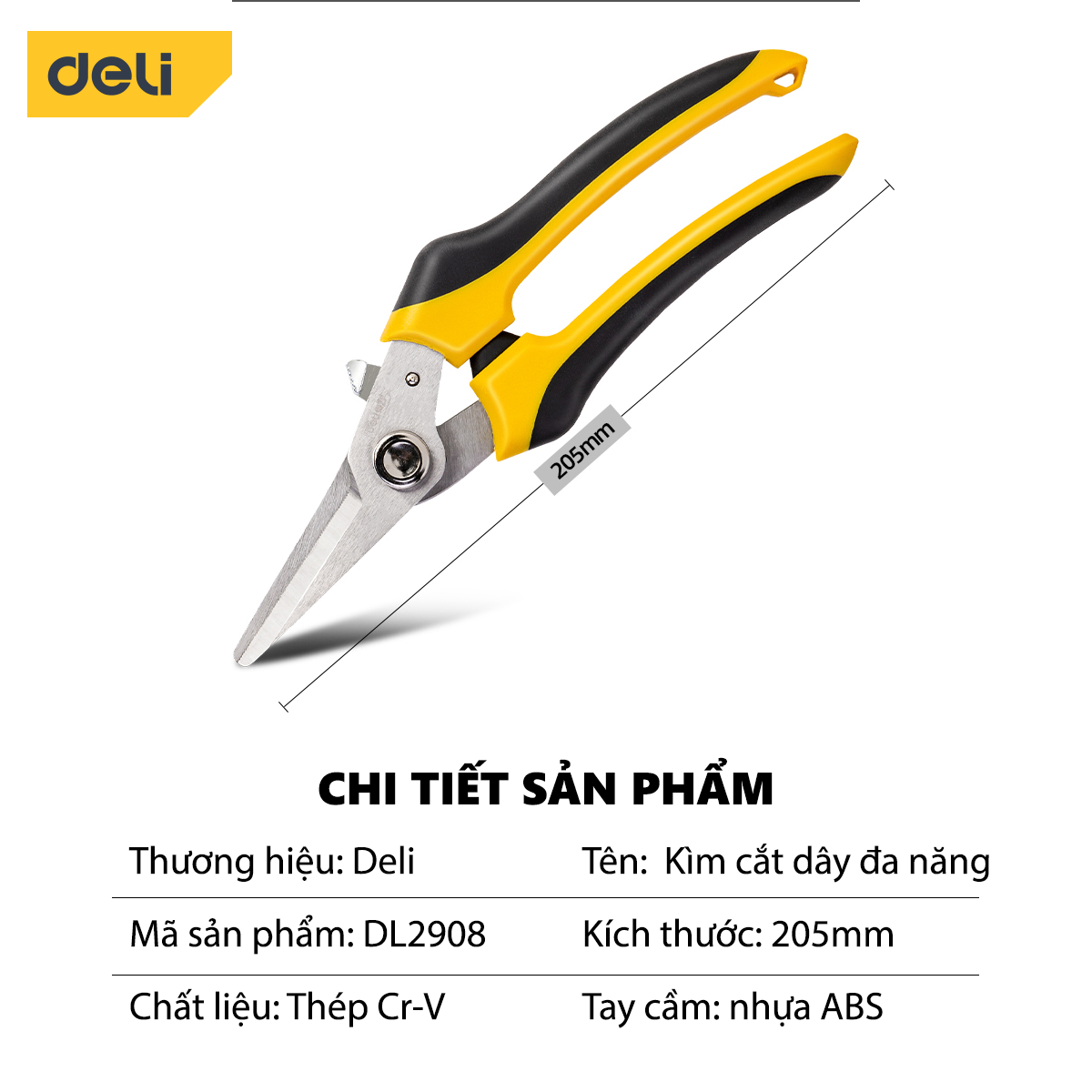 Kìm Cắt Đa Năng Deli Cao Cấp Kích Thước 8inch - Chất Liệu Chống Mòn, Gỉ - Sử Dụng Được Trên Nhiều Vật Liệu - DL2908