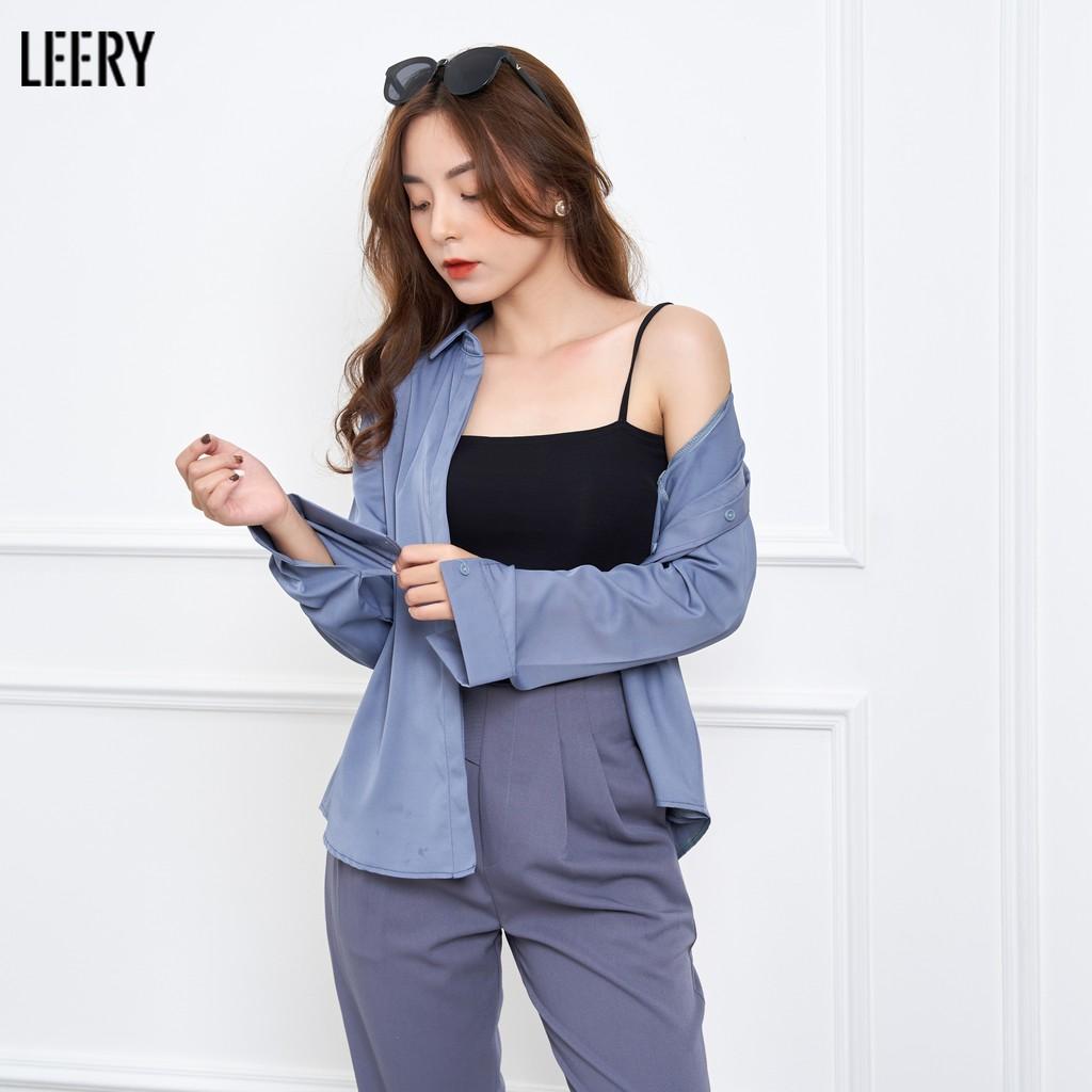 Áo sơ mi công sở nữ dài tay đẹp kiểu Hàn Quốc form rộng chất lụa cao cấp màu Trắng Đen Xanh Be LEERY S.M-01