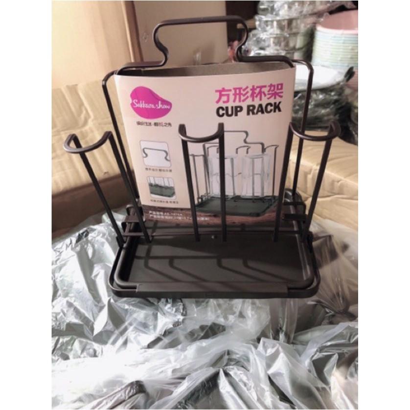 Khay úp ly cốc kèm bộ hứng nước kim loại cao cấp sơn đen chống gỉ đẹp