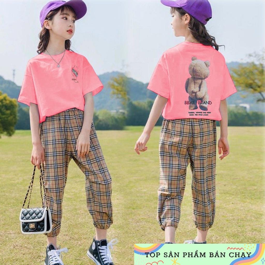 Set bộ thể thao bé gái size đại áo in gấu thun cotton quần caro bo lai cá tính mềm mát cho bé 10-50kg