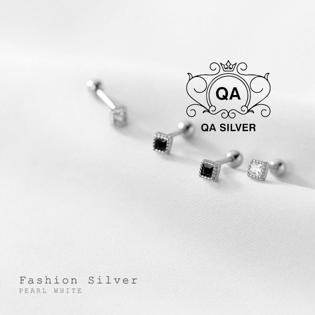 Khuyên tai bạc 925 vuông mặt đá đen trắng chốt bi vặn bông nam nữ S925 MINIMAL QA SILVER Earrings EA220904