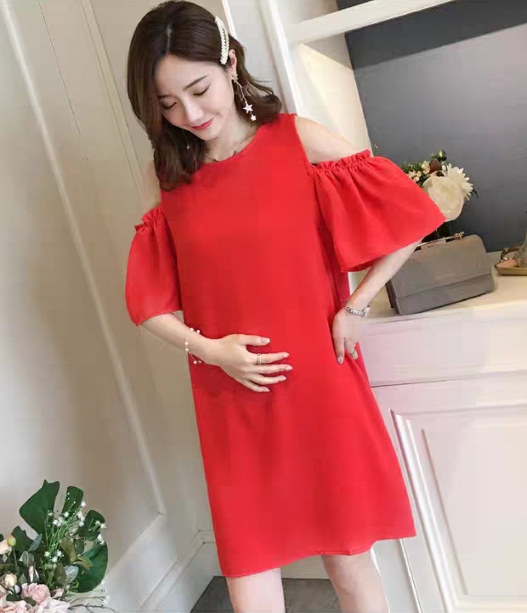 Đầm bầu công sở hở vai thời trang Hàn Quốc dona21072301