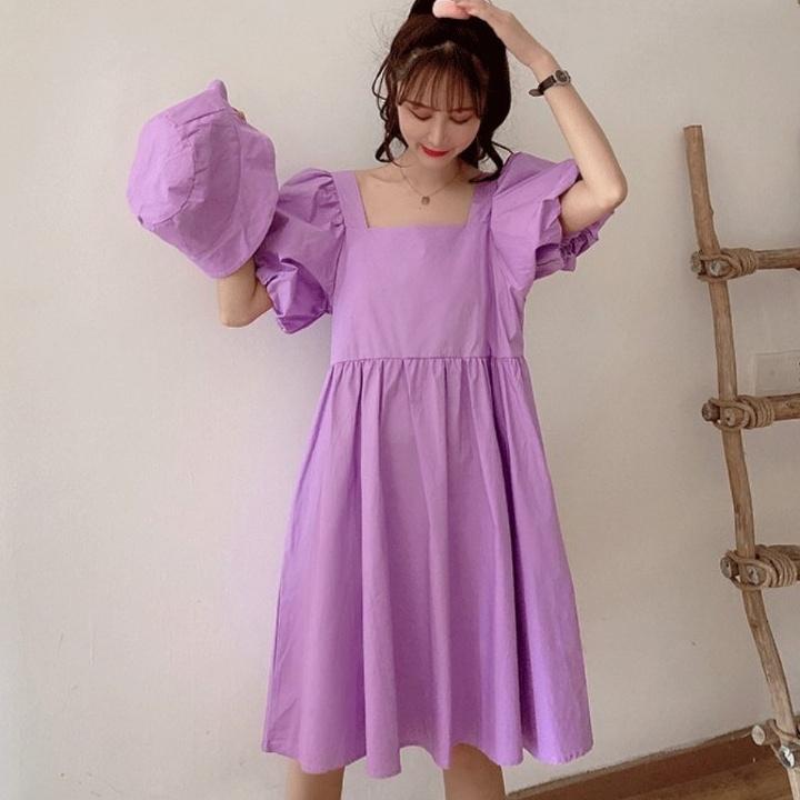 Đầm nữ trẻ em Hot trend 2021 - Cổ vuông - Tay phồng - Chất đũi -VannhShop Ms 01A