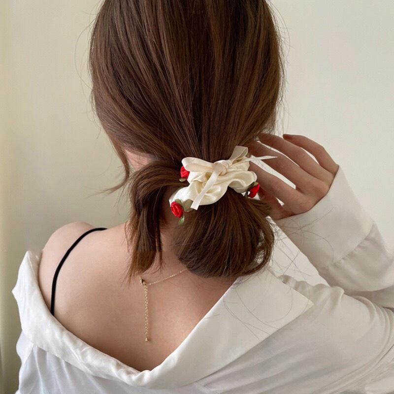 Dây buộc tóc crunchies thắt nơ kết hoa hồng nổi vintage - Nunam shop