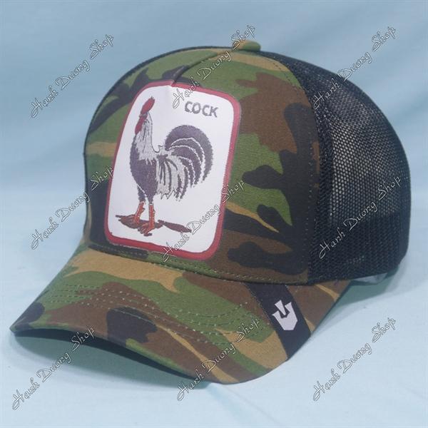 Nón kết lưới in con gà trống in chữ Cock phía sau khóa nhựa phía trong và trước có tem vòng đầu 55-58cm - Lính