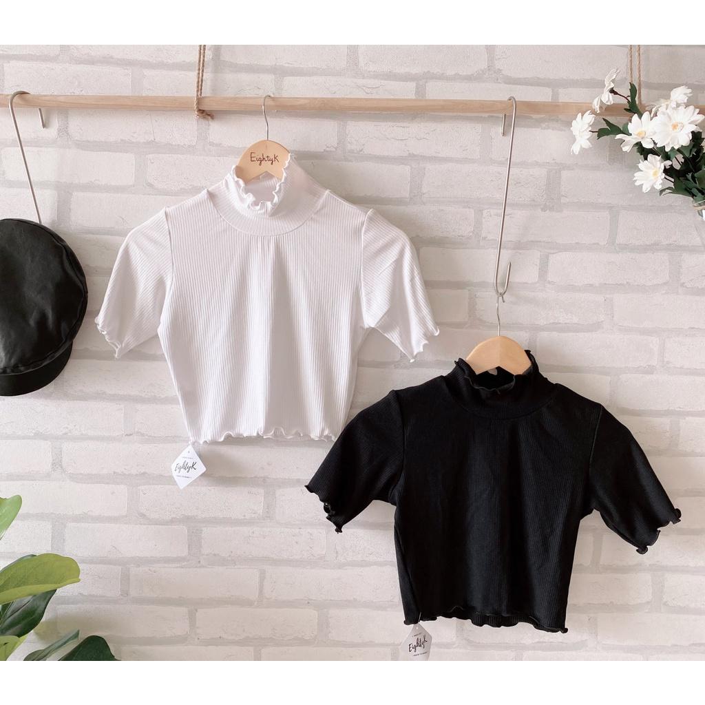 Áo Croptop Tay Ngắn Cổ Lọ Viền