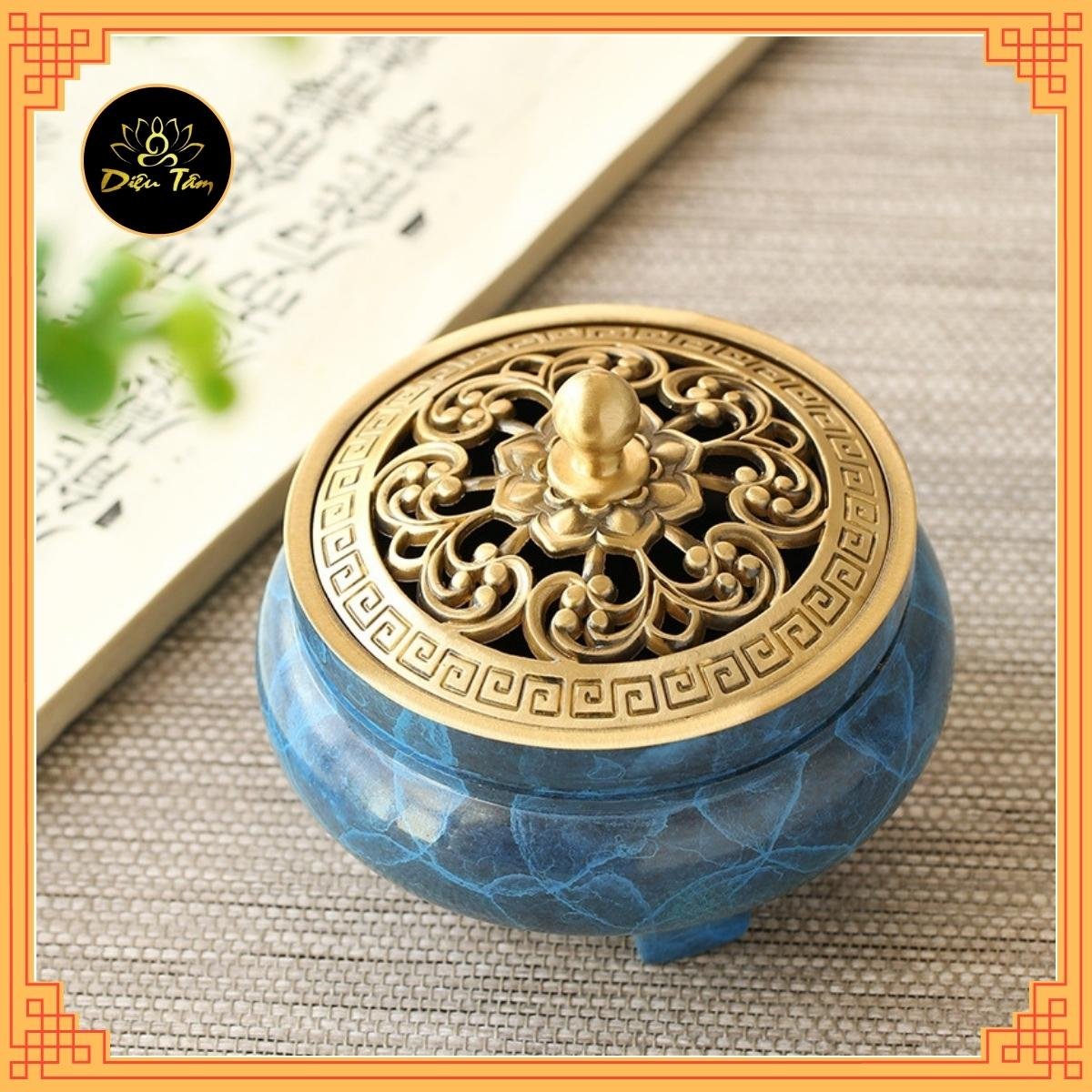 Bộ dụng cụ xông trầm hương nhiều món bằng đồng nguyên chất sơn xanh tặng bột Nhật dẫn lửa và trụ đồng cài nhang vòng