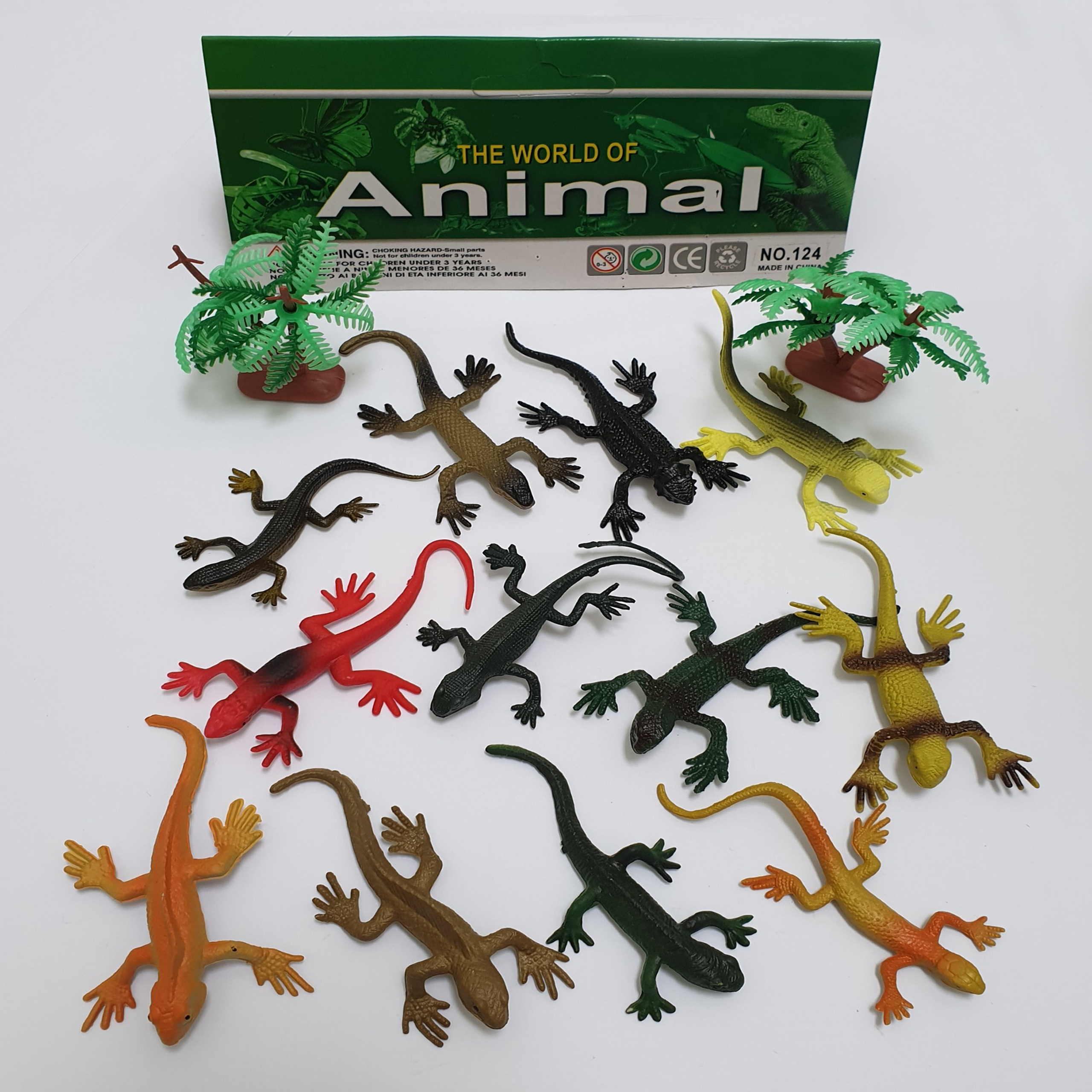 Bộ sưu tập đồ chơi 12 mô hình Tắc Kè Safari hoang dã A124 (dài 8 cm) kèm cây trang trí