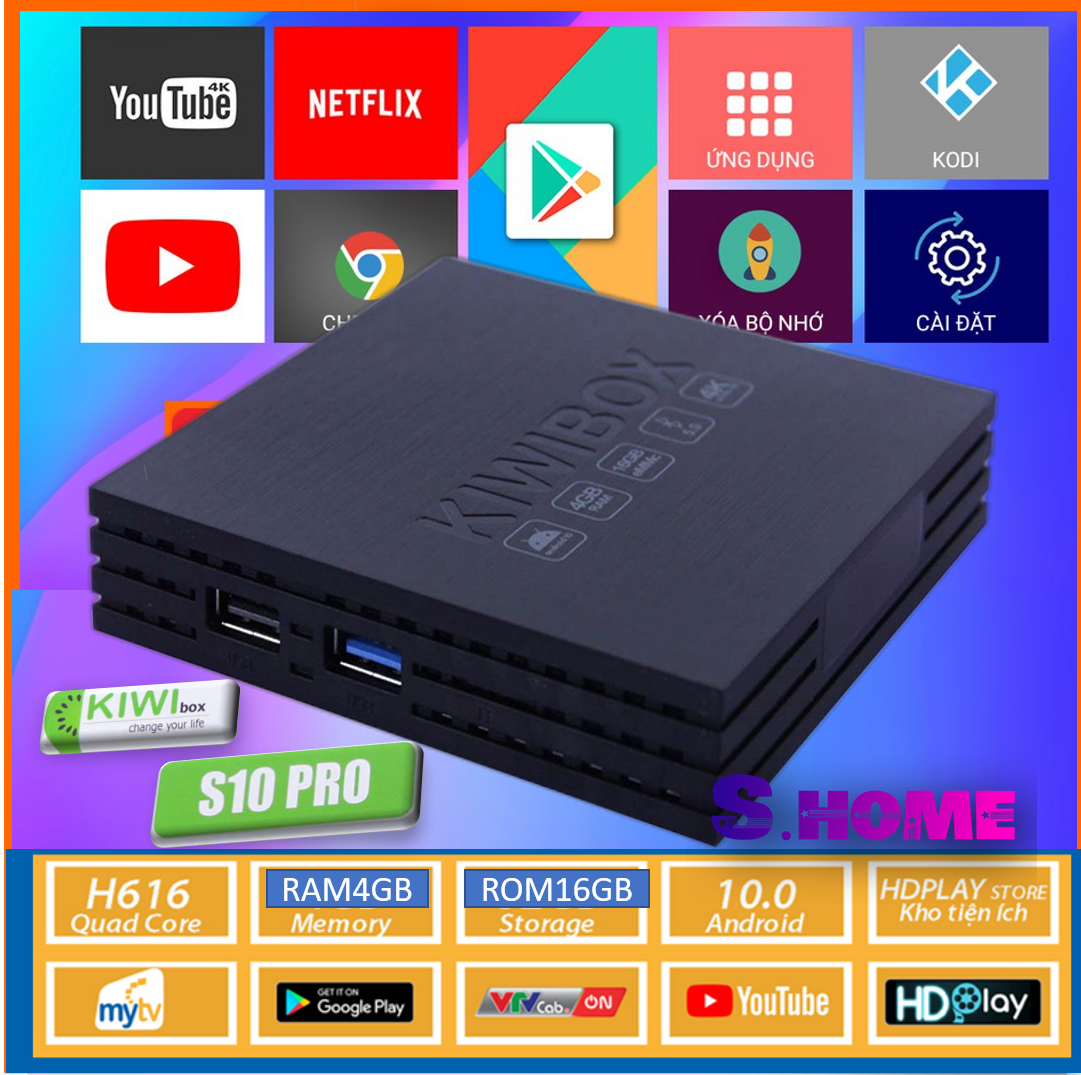 Android TV box Kiwi Box S10 PRO CHÍNH HÃNG tặng kèm pin và dây HDMI