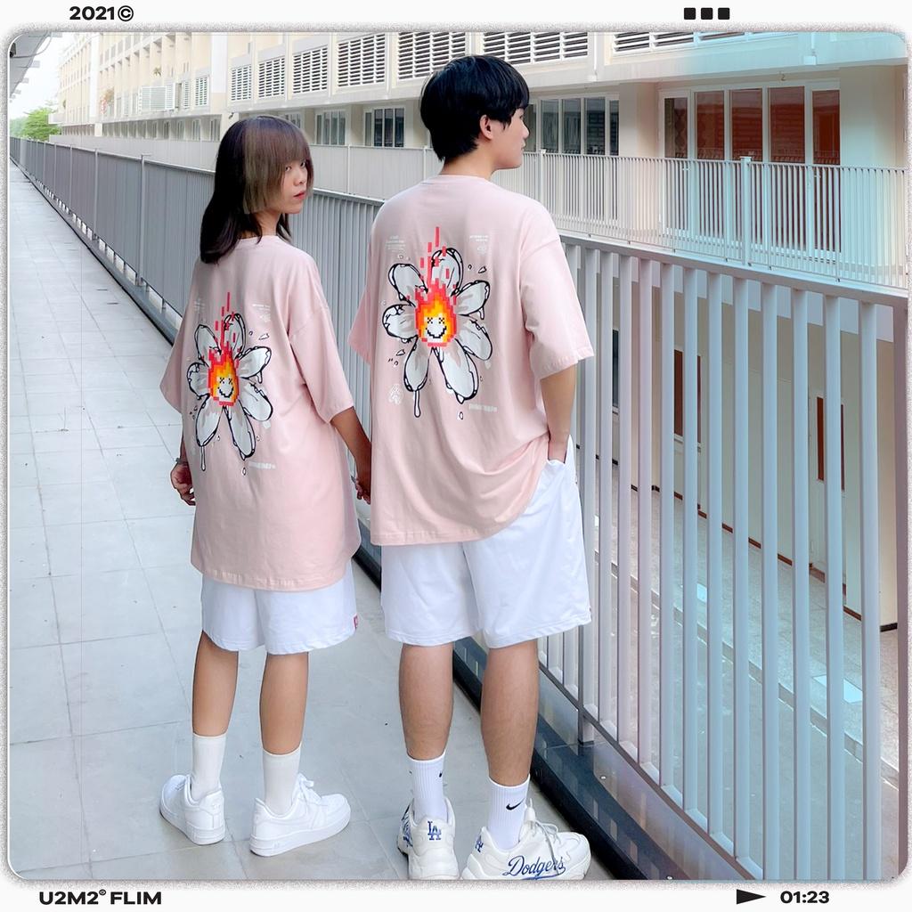 Áo Thun Nam Nữ From Rộng Tay Lỡ - Ủn Ủn Meo Meo Chất Liệu Vải Thun Cotton 100% - Màu Hồng Pastel In Hoa Cúc