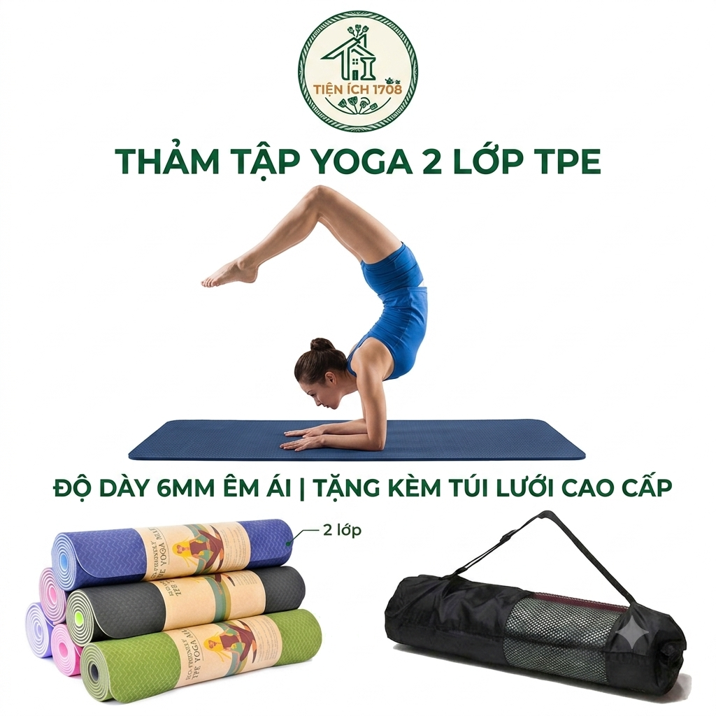 Thảm Tập Yoga TPE 2 Lớp PEAFLO Cao Cấp dày 6mm Kèm Túi - Màu ngẫu nhiên