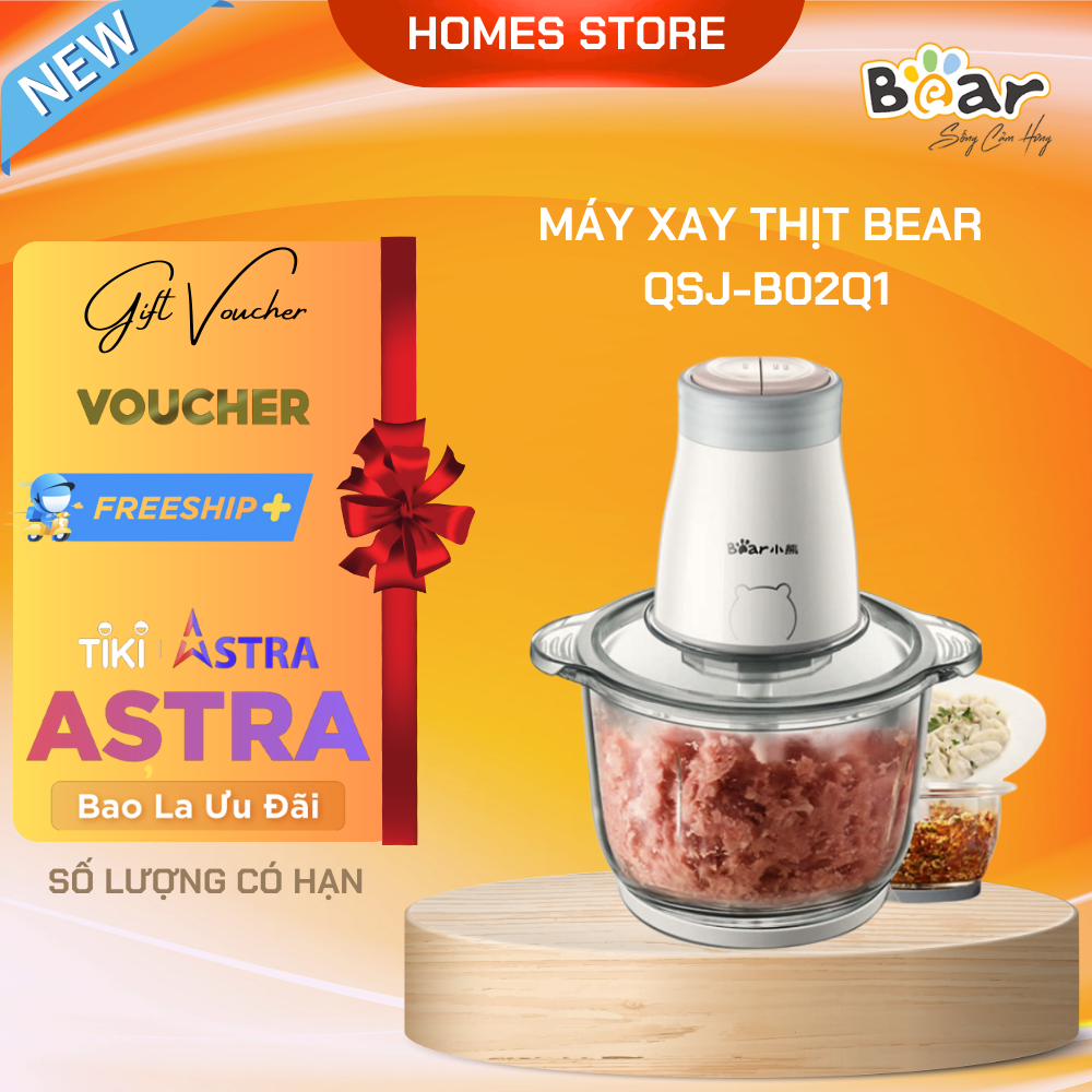 Máy Xay Thịt, Máy Xay Thực Phẩm BEAR QSJ-B02Q1 Xay Cực Êm Dung Tích 2 Lít Công Suất 300 W - Hàng Chính Hãng