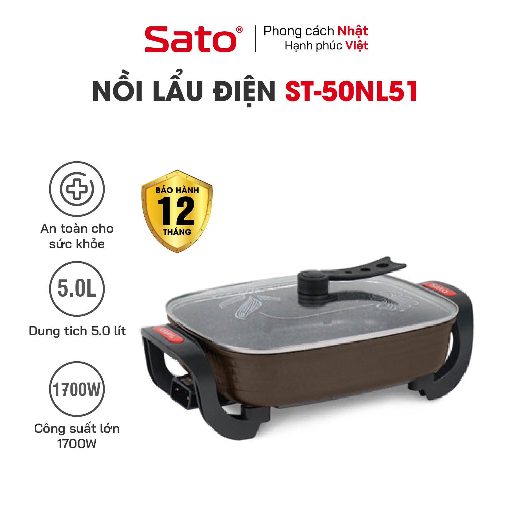 Nồi lẩu điện đa năng SATO 50NL51 5.0L - Nồi nhôm đúc nguyên chất có độ bền cao, phủ chống dính cao cấp an toàn sức khỏe - Miễn phí vận chuyển toàn quốc - Hàng chính hãng