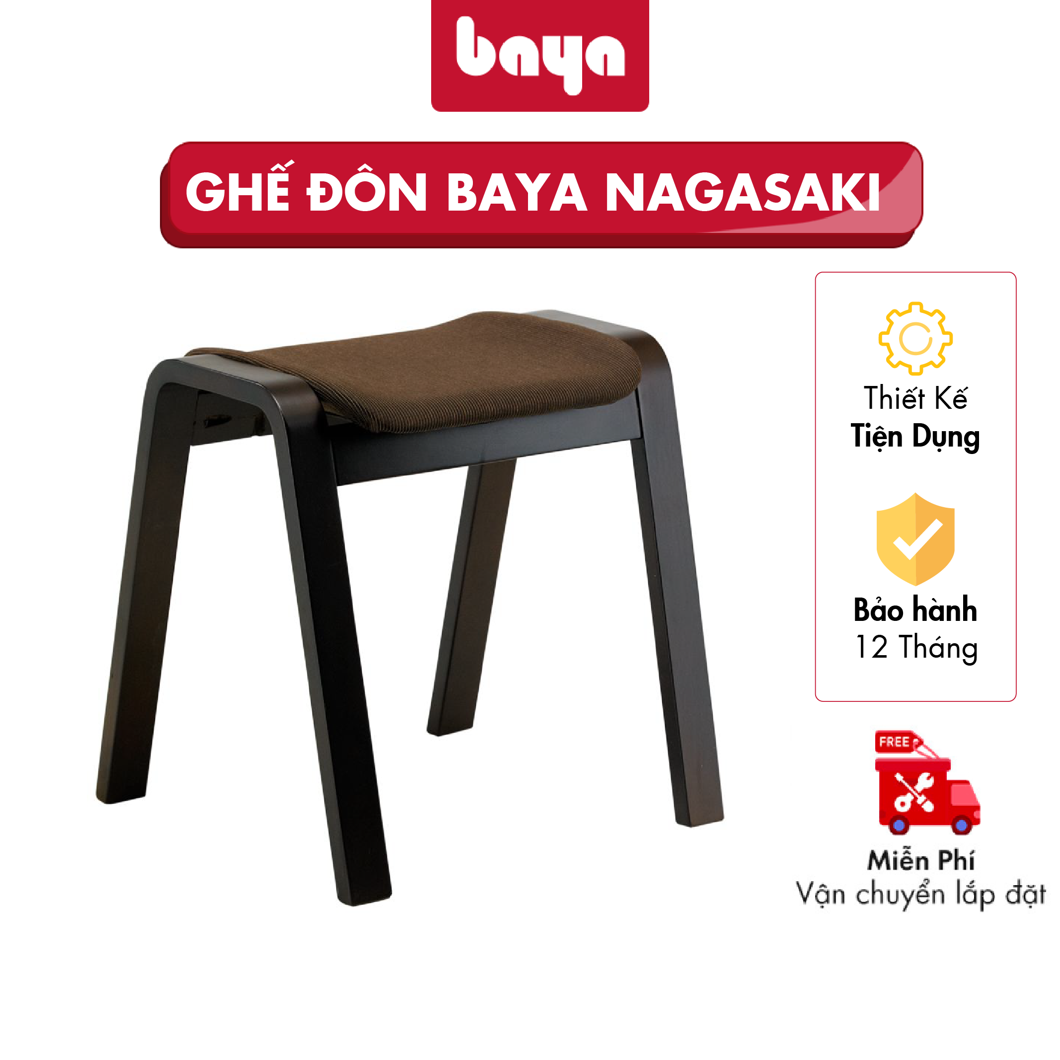 Ghế Đôn Phong Cách Nhật Bản BAYA NAGASAKI Chất Liệu Gỗ Và Đệm Ngồi Êm Ái Bọc Polyester, Chân Gỗ Thiết Kế Chữ A Phá Cách Đem Đến Sự Hiện Đại Cho Căn Nhà 428