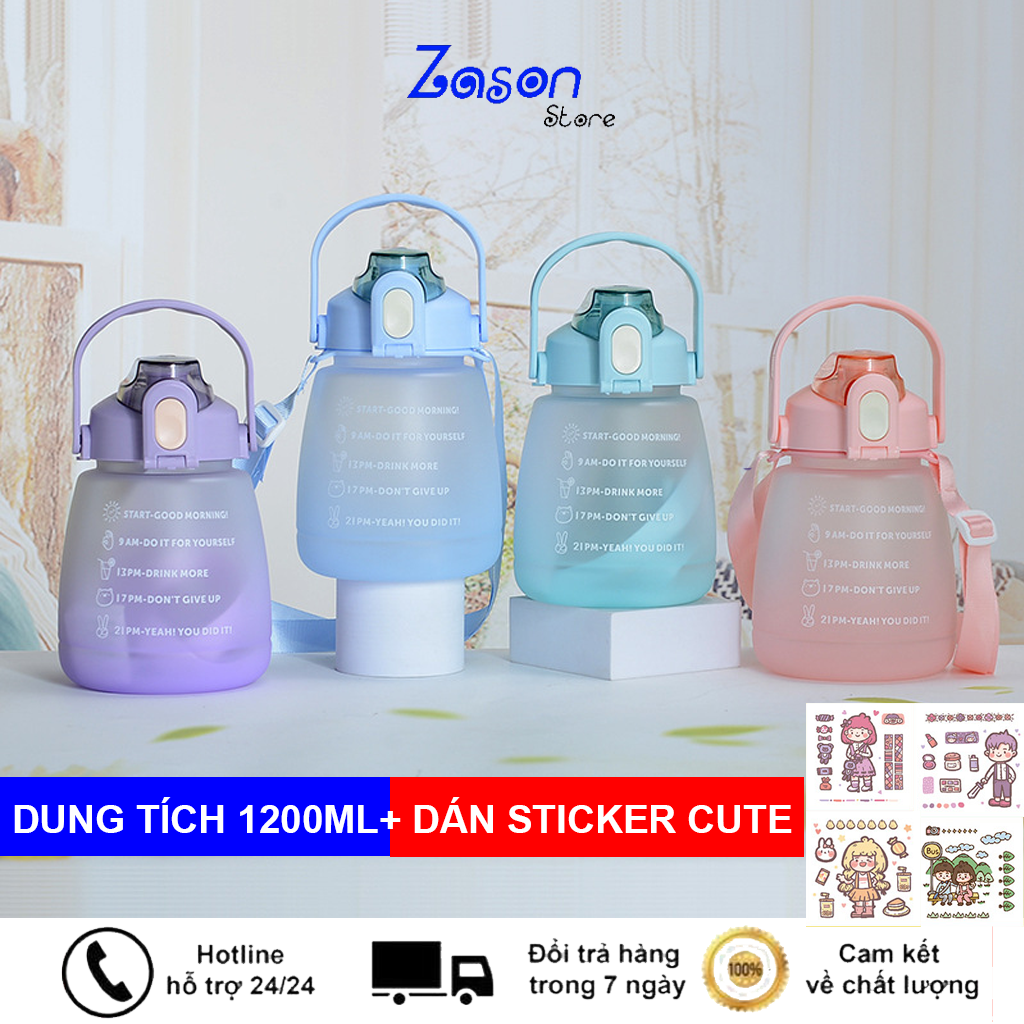 Bình Nước Nhắc Nhở Uống Nước Dung Tích 1.2L Có Dây Đeo Vàn Dán Sticker 3D Cực Xinh