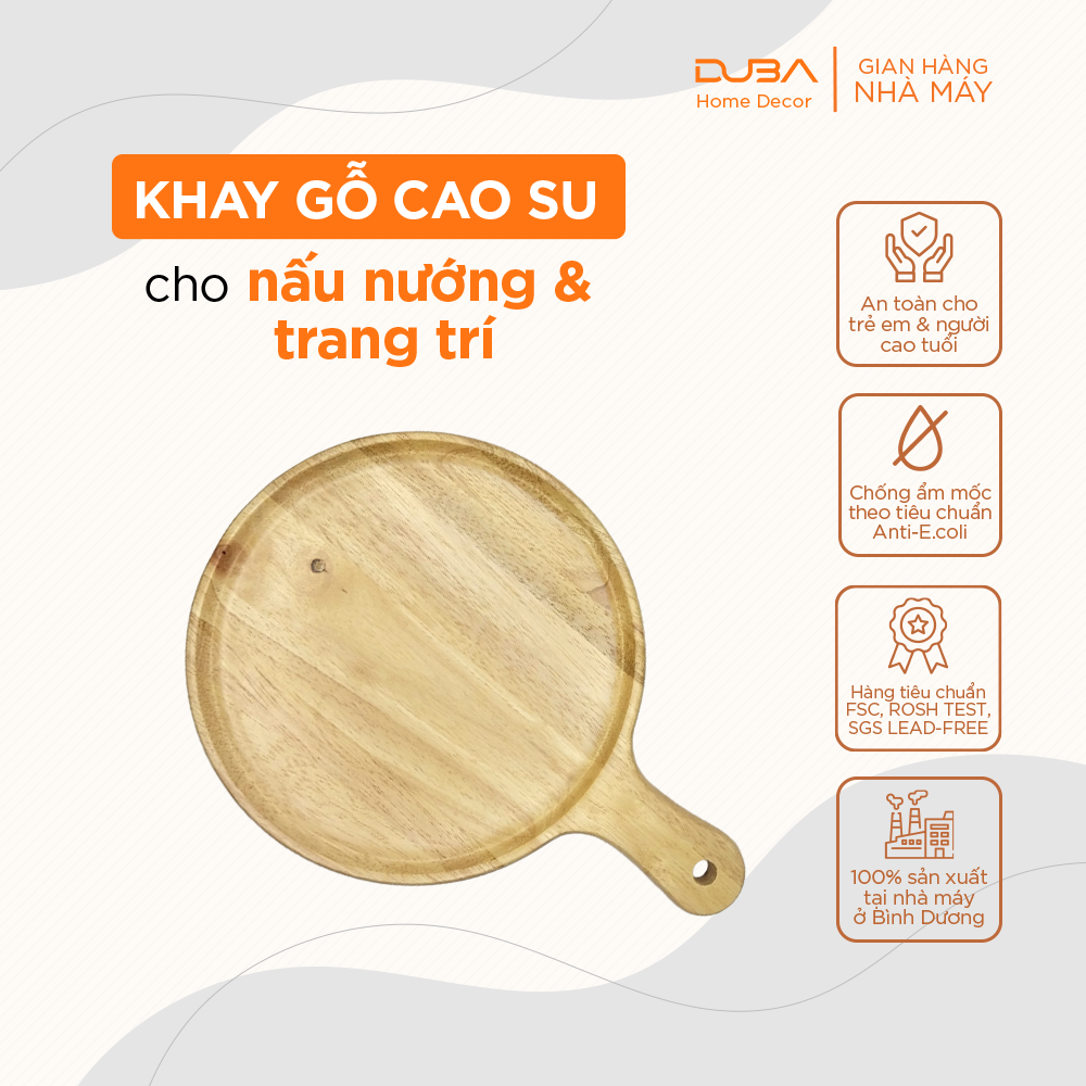 Khay gỗ cao su decor, thớt gỗ trang trí hình tròn có tay cầm màu tự nhiên đạt chuẩn xuất khẩu - DUBA