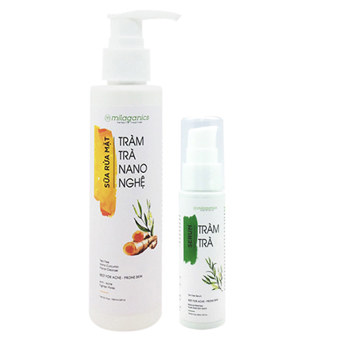 Bộ Chăm Sóc Da Mụn Chuyên Sâu Sữa Rửa Mặt Tràm Trà Nano Nghệ và Serum Tràm Trà Milaganics (165ml/bộ)