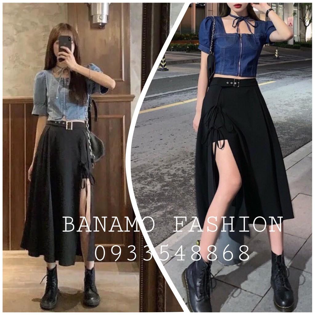 Chân váy xẻ đùi phối quần short và đai váy nữ dáng dài xẻ sườn thắt dây kèm đai cực phong cách 598