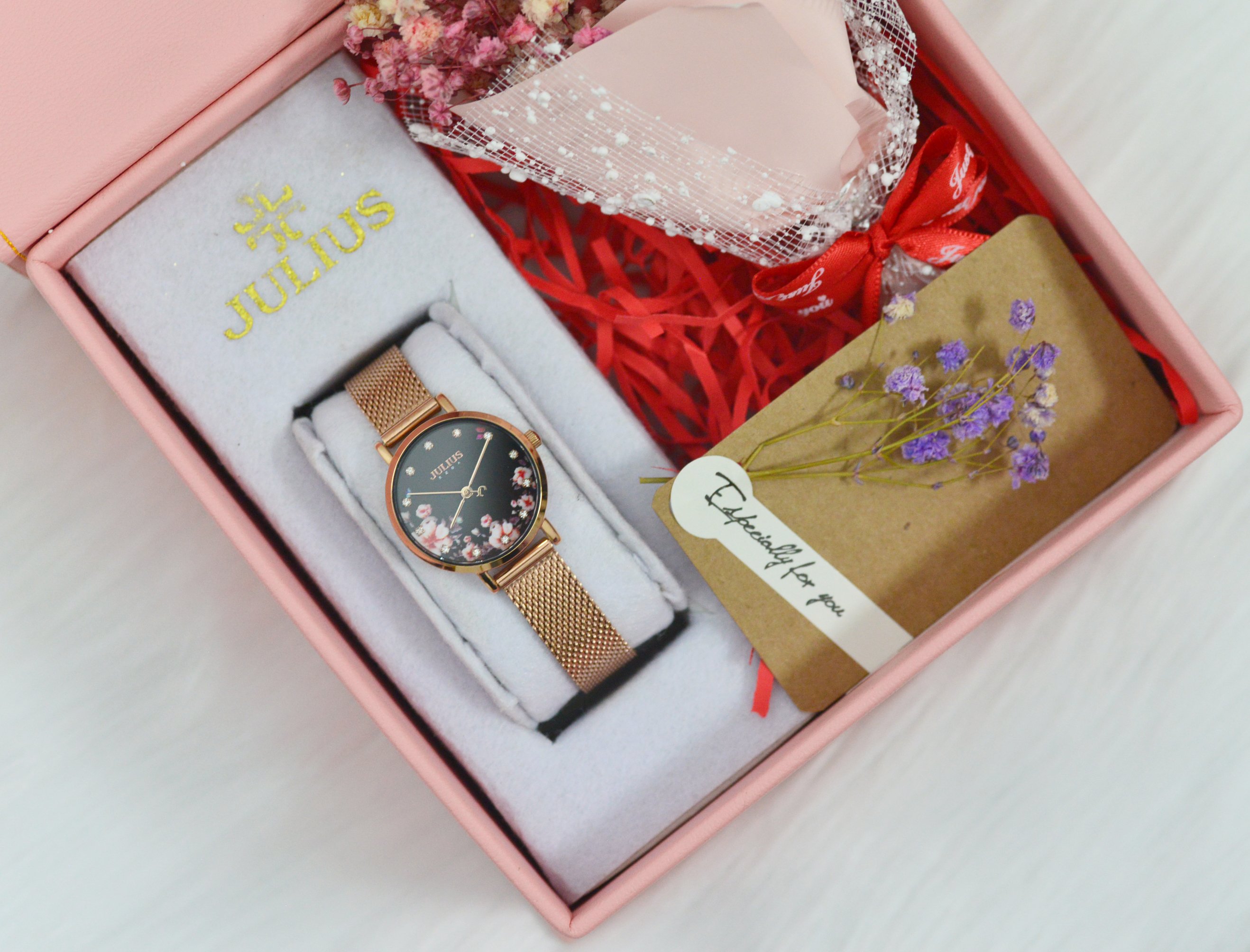 Combo đồng hồ nữ Julius Hàn Quốc JA-1164 dây kim loại hộp da cao cấp sang trọng kèm lắc tay vàng hồng