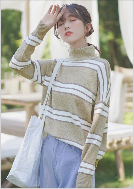 Áo len nữ phom rộng cao cổ sọc màu kiểu Hàn dễ thương - DL37245 - Hàng Quảng Châu