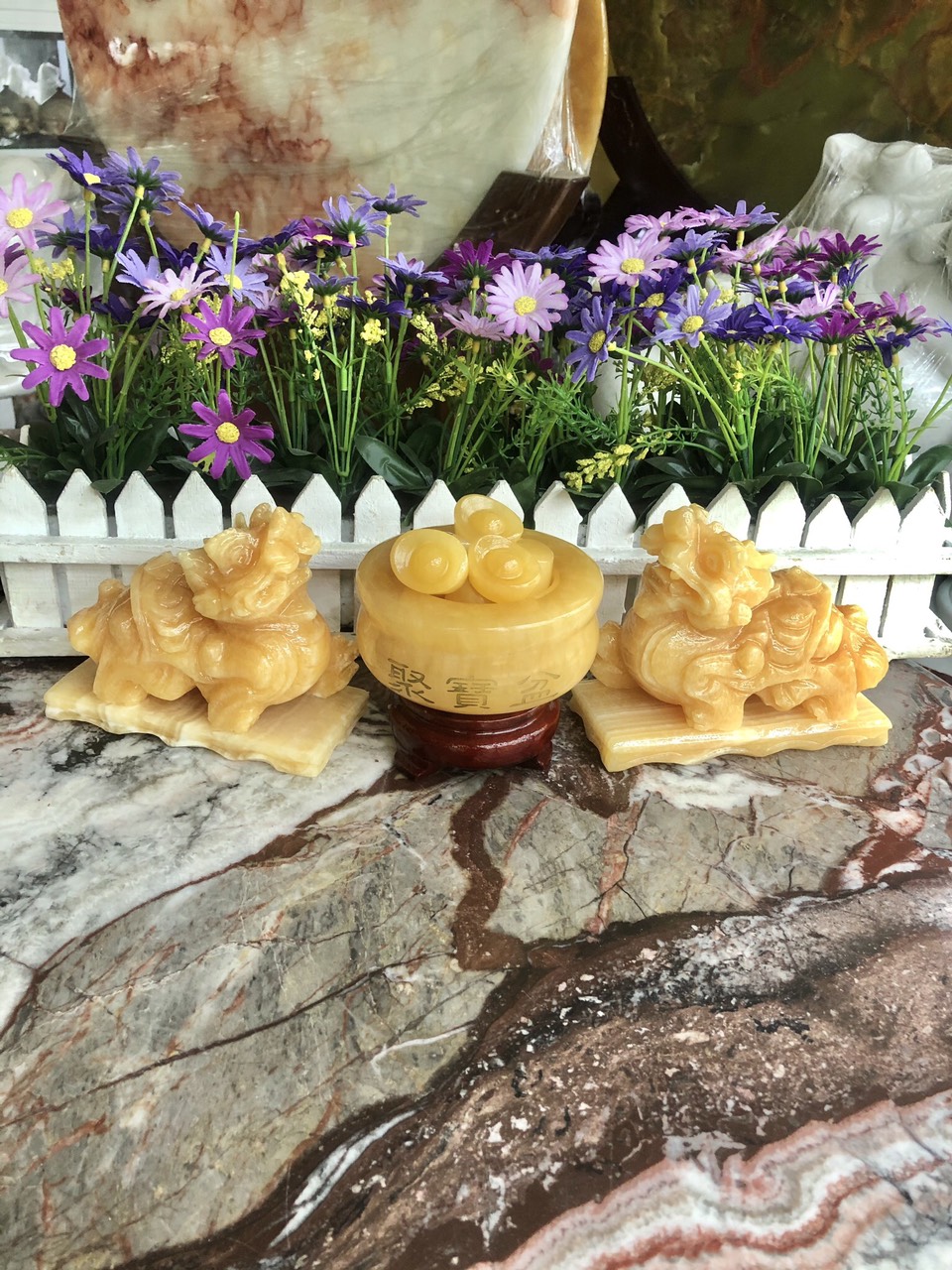 Bộ combo Tỳ Hưu dài 13cm và Bát tụ bảo, bát tụ tài, bát tụ lộc, bát vàng phong thủy đường kính 10cm chiêu nạp tài lộc