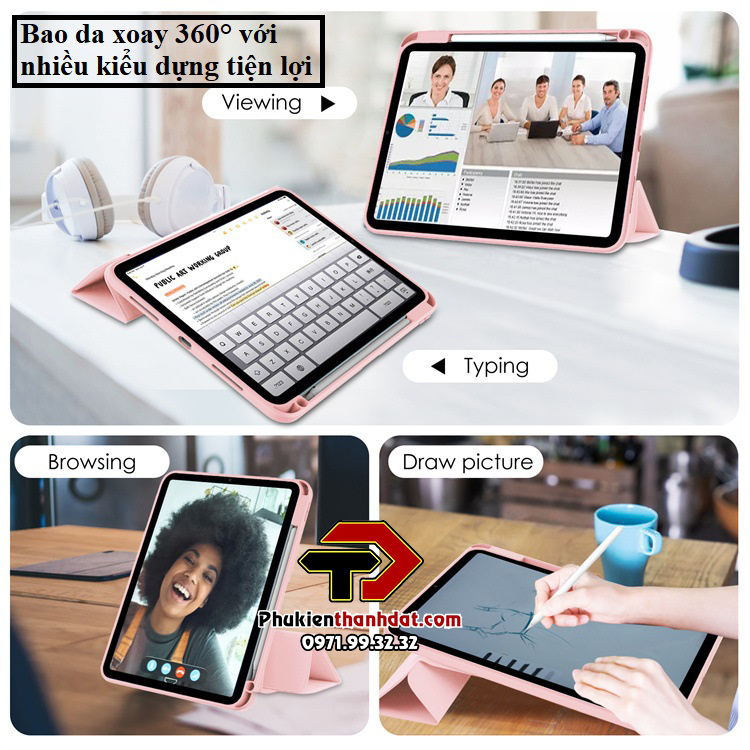 Bao da xoay 360 độ cho iPad Gen 10 2022 10.9 inch chống sốc, có ngăn đựng bút, nhiều kiểu dựng