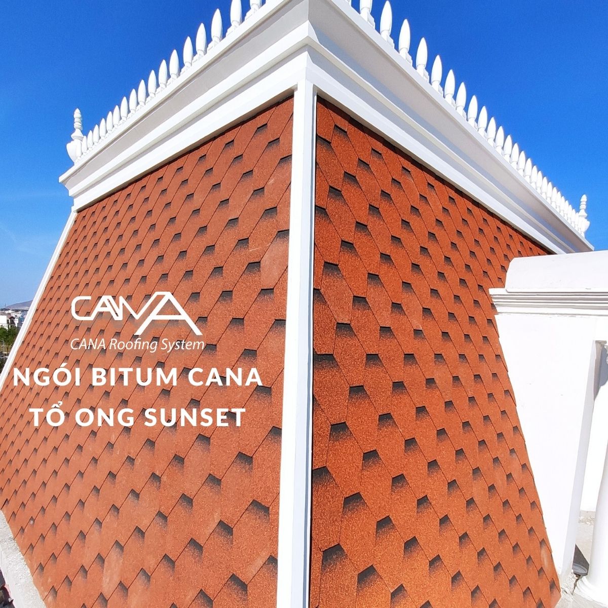 Ngói nhựa đường phủ đá CANA tổ ong sunset - ngói lợp bitum Hàn Quốc bền đẹp cho biệt thự, nhà phố, resort, đóng gói 22 tấm/gói phủ 3m2 mái