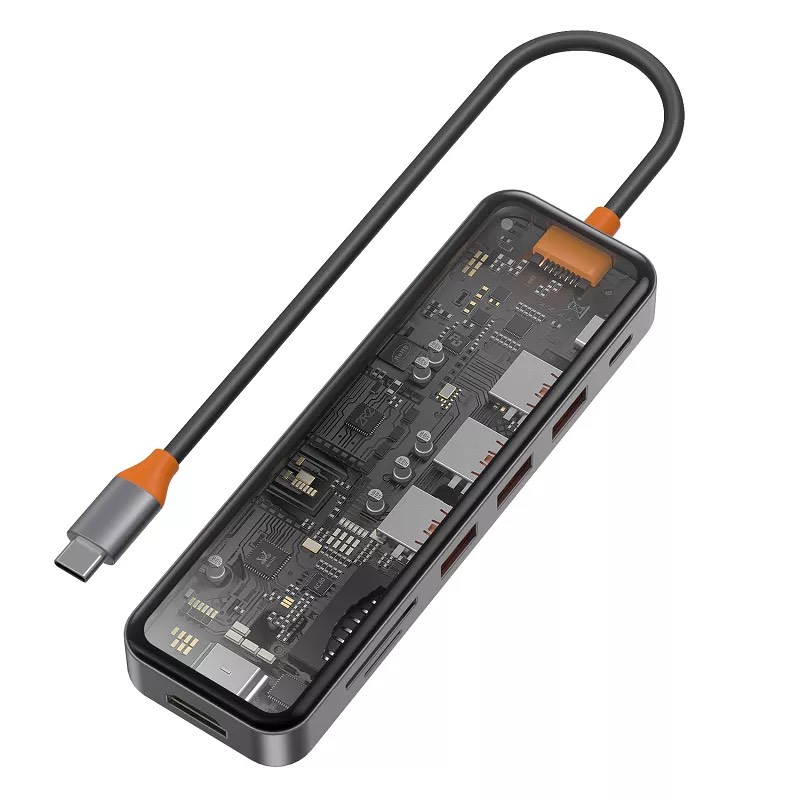 Hub Wiwu Cyber 7 in 1 CB007 USB3.0*3+SD/TF+HDMI+PD tương thích rộng rãi vơi máy tính bảng, máy tính xách tay và điện thoại di động, thiết kế trong suốt nhìn rõ từng chi tiết - Hàng chính hãng