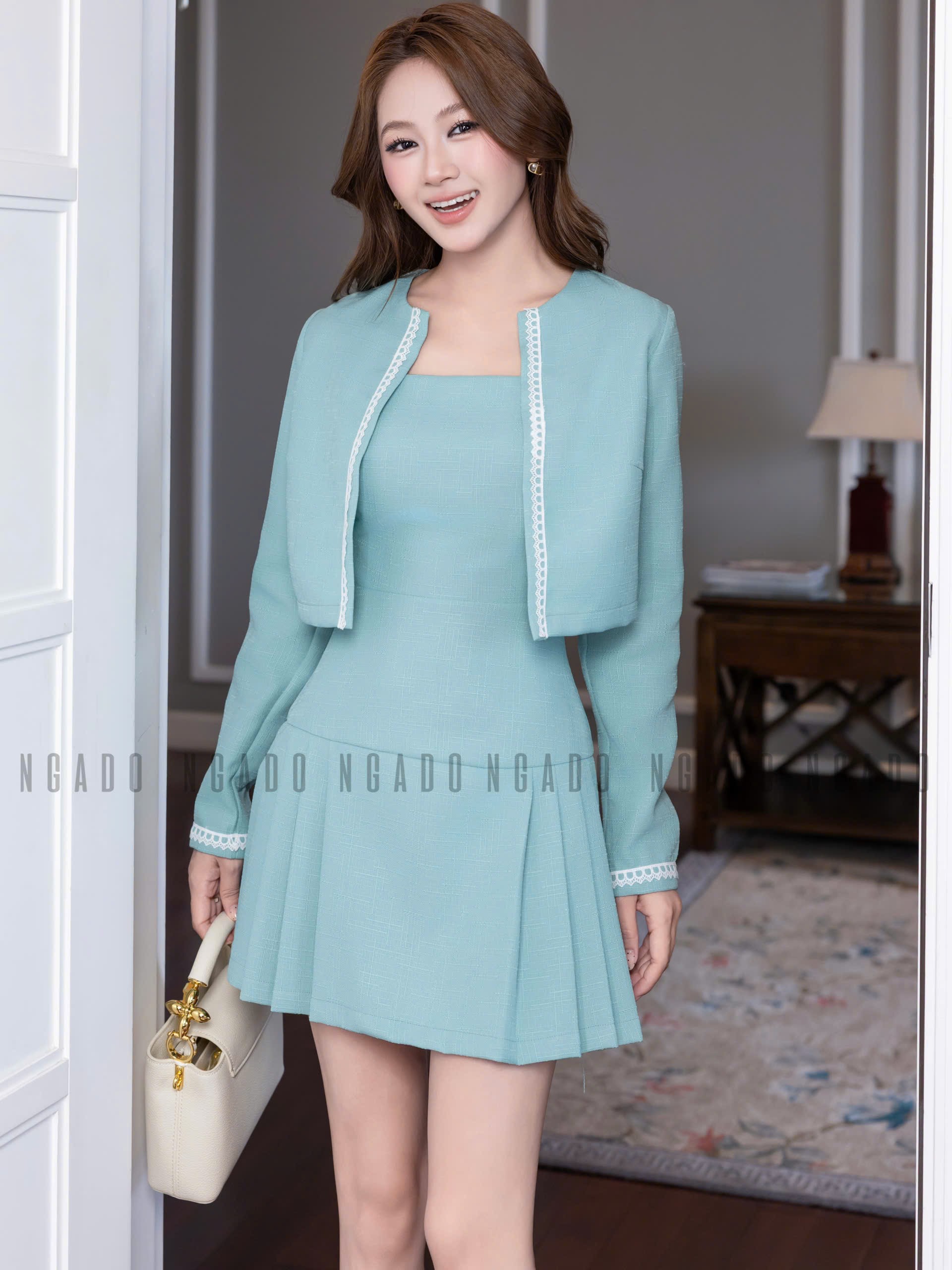 Set áo váy xanh mint dài tay NGADO , set áo váy , set dự tiệc , công sở