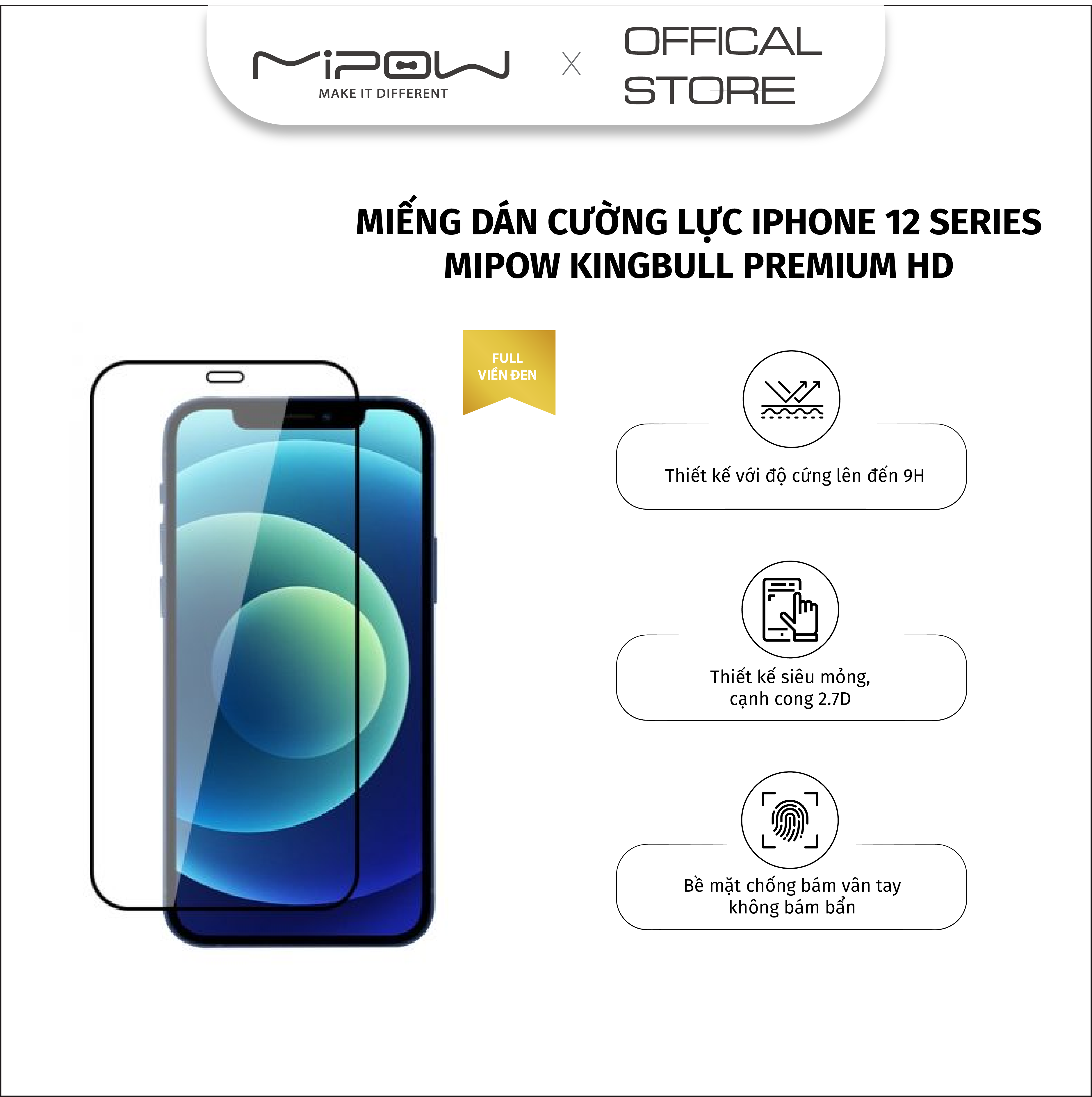 Miếng dán cường lực Mipow Kingbull Premium HD cho iPhone 12/12 Pro/ 12 Pro Max Full Viền Đen - Hàng chính hãng