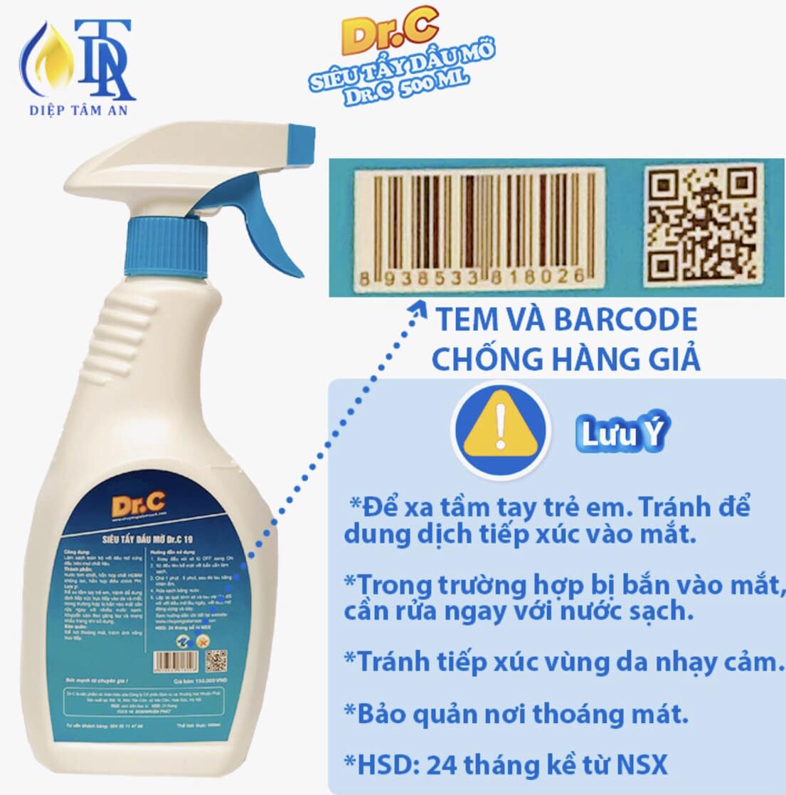 Tẩy Dầu mỡ,Tẩy Nhà bếp,Tẩy Hút mùi,Bếp gas,Bếp Từ,Đáy Xoong,Đáy Nồi Chảo Dr.c 500ml