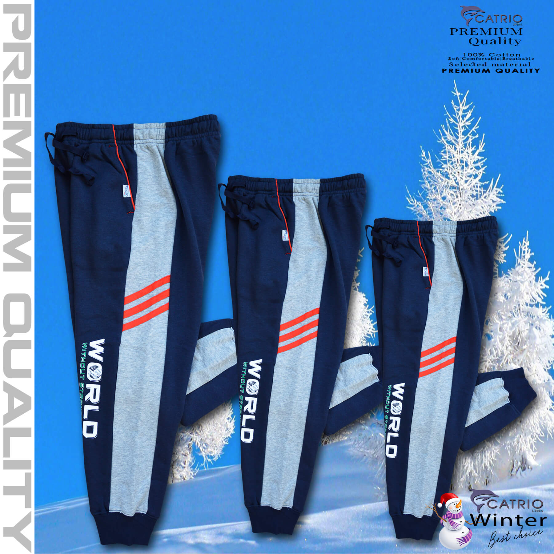 Quần dài bé trai vải 100% cotton PHỐI SƯỜN màu NAVY pha XÁM in WORLD là quần nỉ trẻ em CATRIO từ 9 tuổi đến 18 tuổi phù hợp thời tiết se lạnh mùa thu đông với kiểu dáng thể thao tuyệt đẹp