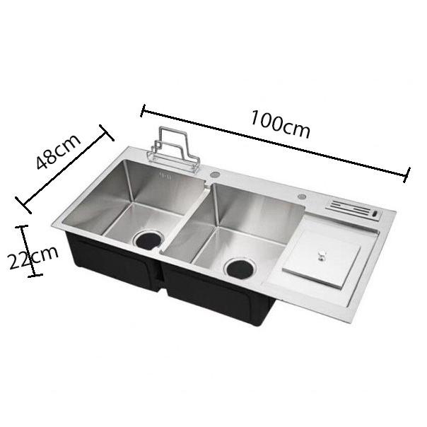 Chậu rửa chén 2 ngăn, màu trắng mờ bằng inox sus 304 kèm kệ dao thớt và hố đựng rác