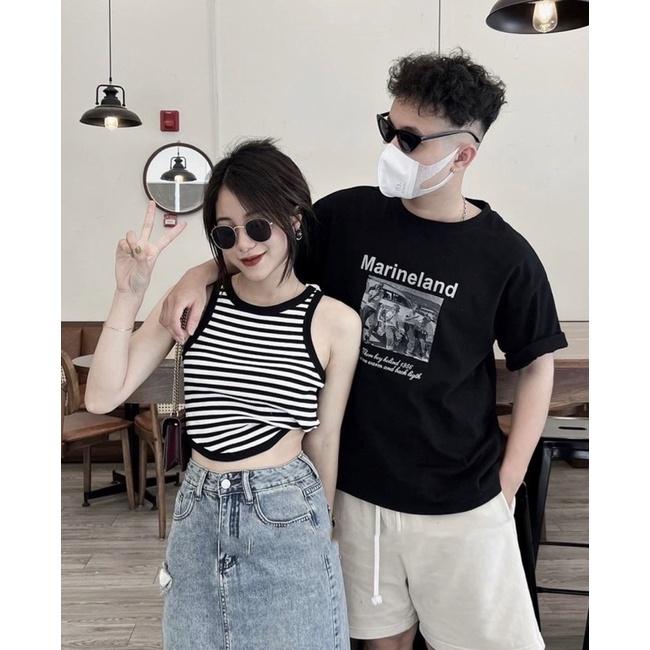 Áo sát nách, Áo ba lỗ kẻ đuôi tôm hai màu đen trắng bo viền hàng đẹp phong cách Hàn Quốc freesize PHULA