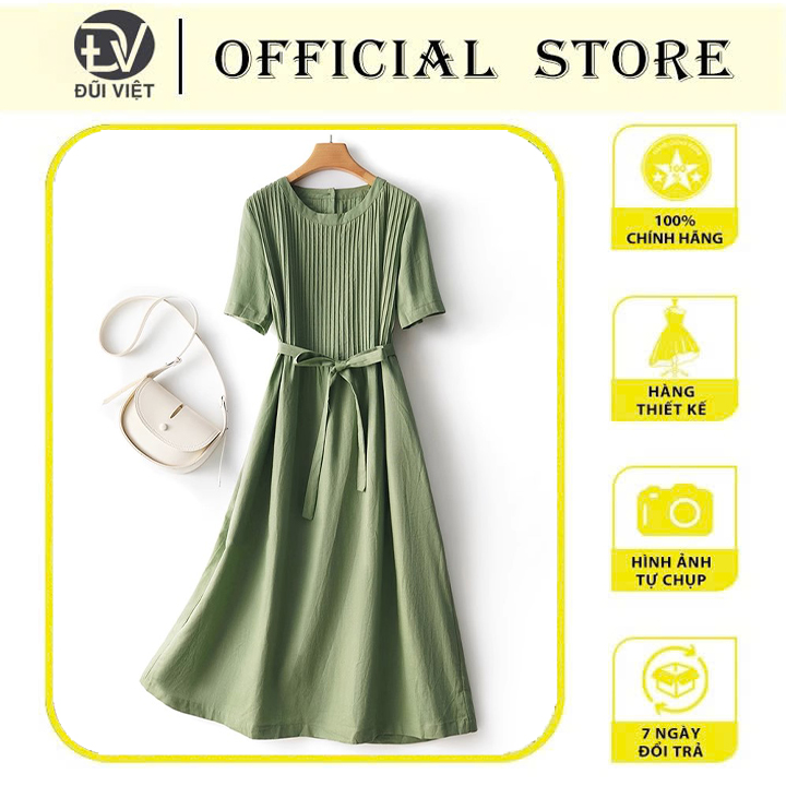 Đầm suông tay ngắn cổ tròn thiết kế xếp li tinh tế vải Linen tự nhiên cao cấp