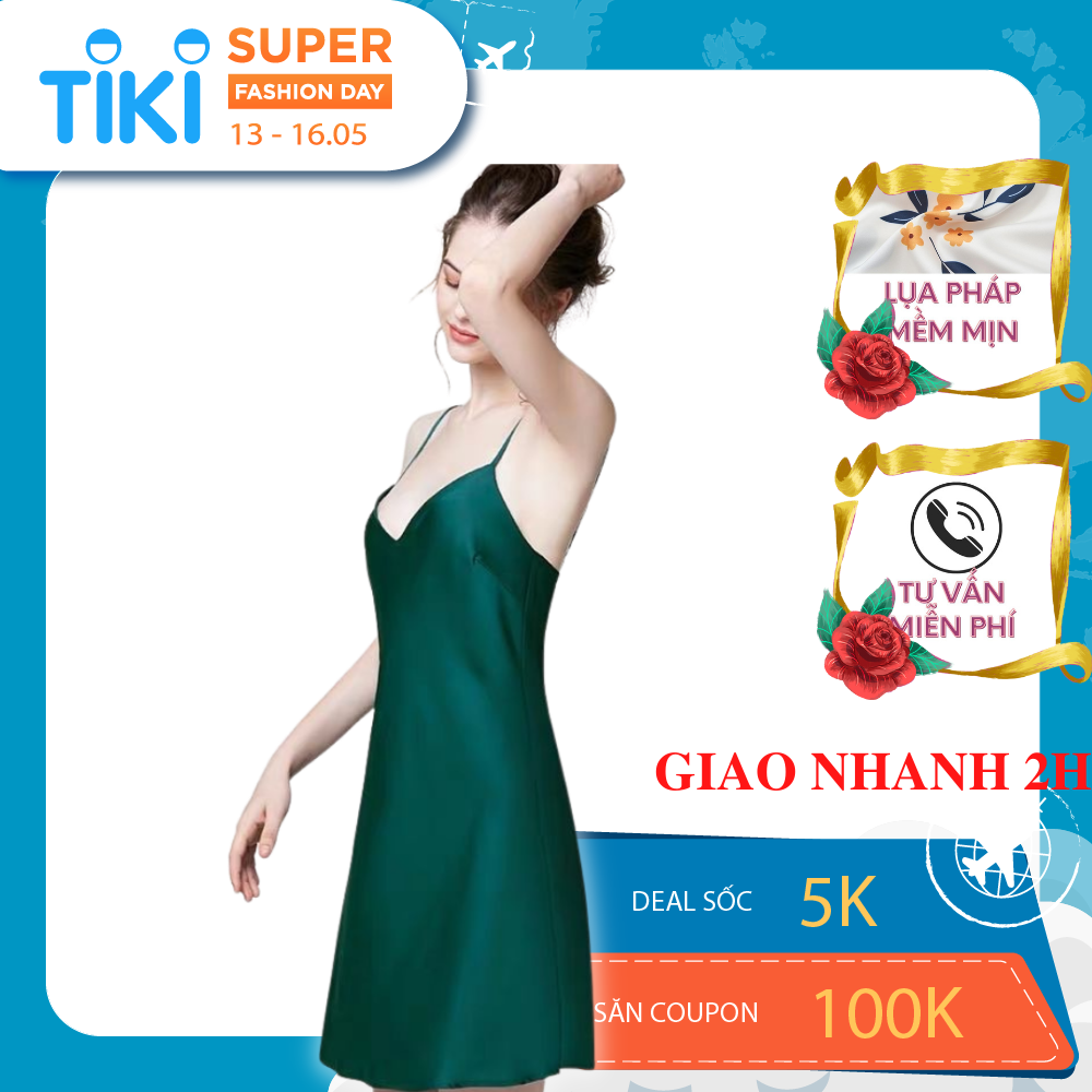 Váy ngủ nữ, váy lụa 2 dây VILADY - V127 dáng suông màu xanh rêu, chất liệu lụa Pháp cao cấp ( lụa latin)