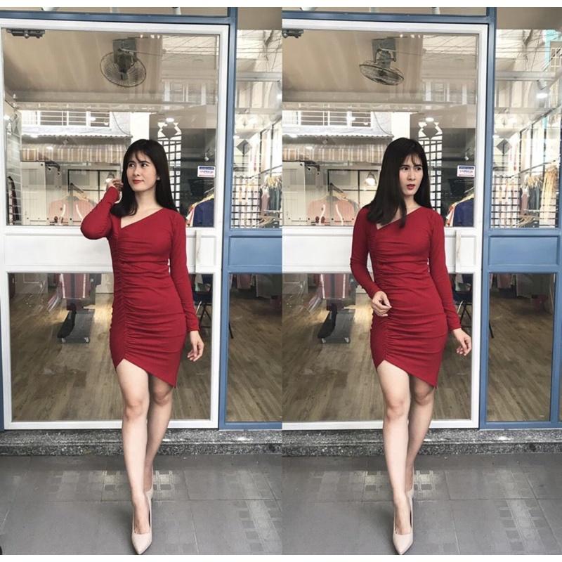 F381 Đầm ôm body cổ xéo tam giác tay dài, thân nhúng lệch tạo vạt xéo