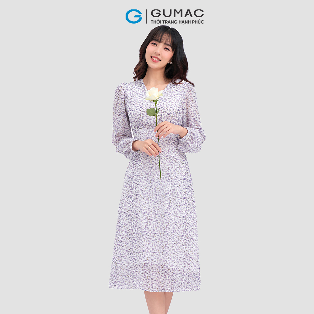 Đầm cổ V GUMAC DC12001 tay lỡ họa tiết hoa nữ tính
